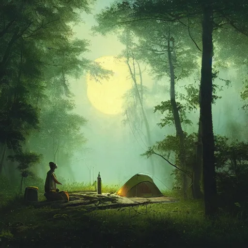 Image similar to an oil painting of a forrest at dusk with a moonlight clearing and fireflies and an abandoned tent. By carl spitzweg tuomas korpi and greg rutkowski