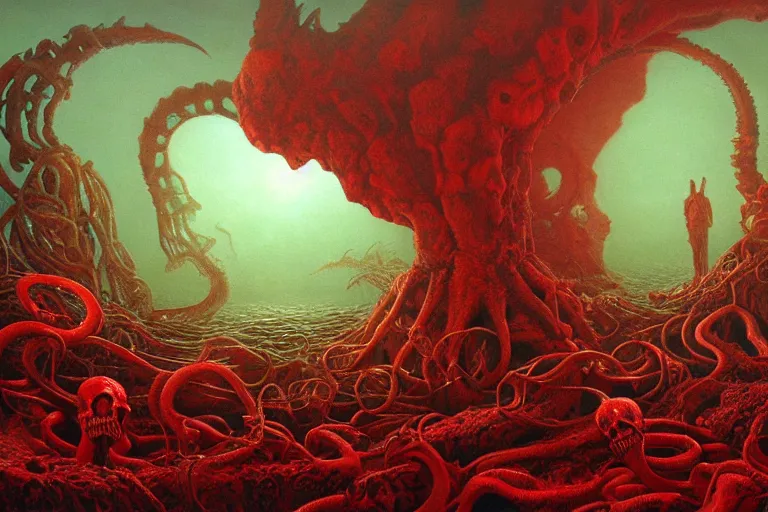 Prompt: a realistic painting of a lovecraft cthulhu creature inside a singular portal hell gate, shining its light across a tumultuous sea of red fluids and skulls by zdzisław beksinski and h. r. giger, translucent, photorealistic, hyperrealism, high resolution, ultra - detailed, trending on artstation