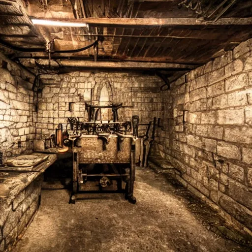 Prompt: an old medieval dungeon with rusty mechanical equipment,