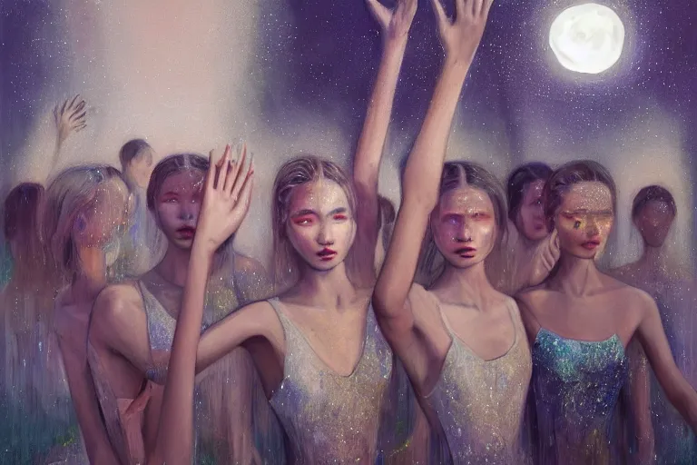 Image similar to 3 d, close - up, group of fashion models standing in a night lake with their hands raised to the bright moon, moon ryas, vogue cover style, intricate oil painting, high detail, figurative art, multiple exposure, poster art, 3 d, by tooth wu and wlop and beeple