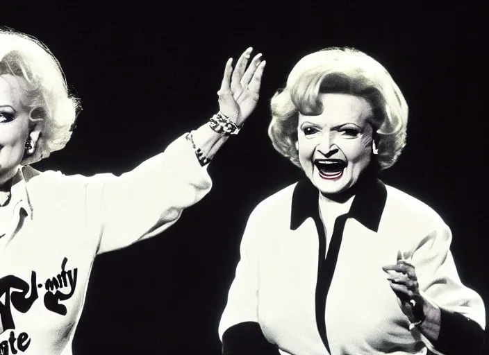 Image similar to publicity photo still of betty white as a gangsta rapper live on stage, 8 k, live concert lighting, mid shot