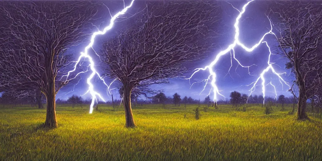 Prompt: lightning strikes a tree in the middle of a field, painting By Dan Mumford,