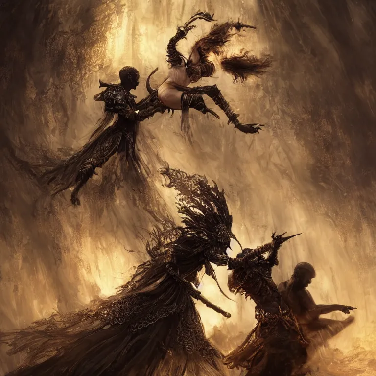 Prompt: dance of a couple, black man and a female devil, Dark Souls 3 themed, in style of Ruan Jia, insanely detailed and intricate, golden ratio, elegant, ornate, luxury, elite, matte painting, cinematic, cgsociety, James jean, Brian froud, ross tran, Laputa