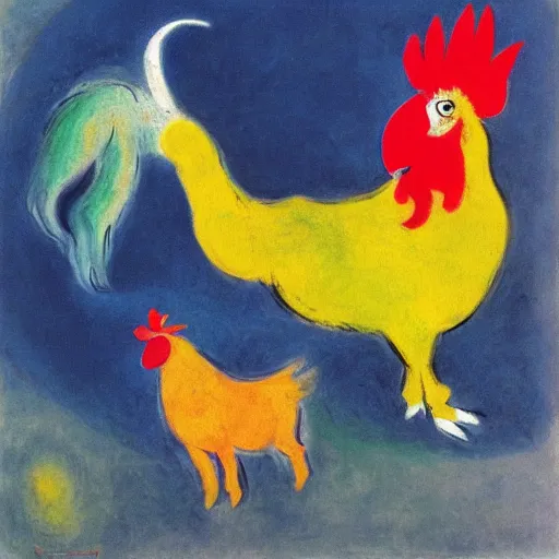 Prompt: a rooster and a goat in the style of marc chagall