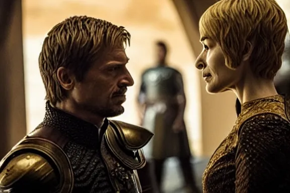 Image similar to very very intricate photorealistic photo of jaime lannister fighting cersei, photo is in focus with detailed atmospheric lighting, award - winning details