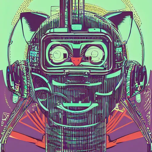 Image similar to Illustrated by Shepard Fairey and Moebius | Cyberpunk cute kitty with VR helmet, surrounded by cables