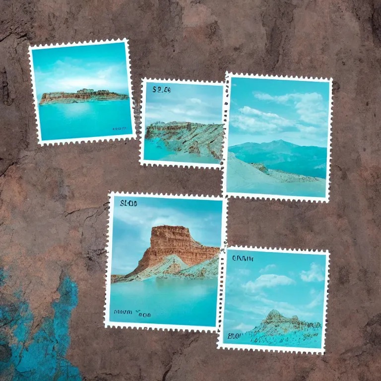 Prompt: stamps of a turquoise canyon, film, soft lighting, album art