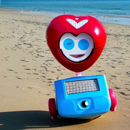 Prompt: a very cute happy robot with lots of hearts floating in the air on the beach in a sunny seaport