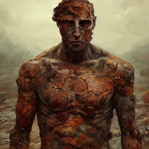 Prompt: a man made of rust and stone, self - portrait!!!!, beautiful photorealistic imagery, soft lighting, soft atmosphere, 4 k, 8 k, trending on artstation, cgsociety contest winner, illustrated by greg rutkowski and shot by jimmy nelson