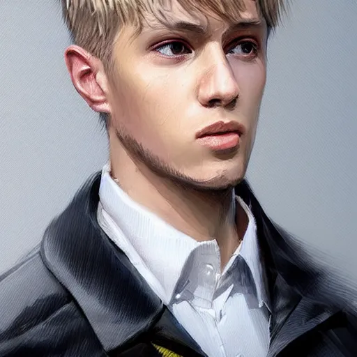 Image similar to Portrait of a man by Greg Rutkowski, he is about 20 years old, west slav features, short blonde hair with bangs, attractive, smart looking, slim, somewhat androgenic, he is wearing a white and black utilitarian jumpsuit, highly detailed portrait, scifi, digital painting, artstation, concept art, smooth, sharp foccus ilustration, Artstation HQ