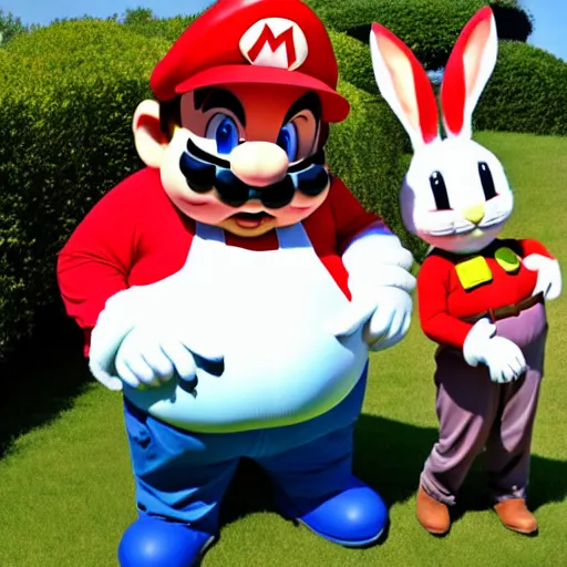 Image similar to real life big chungus dressed like mario, super mario with bunny ears, big chungus, fat bugs bunny, high resolution photo