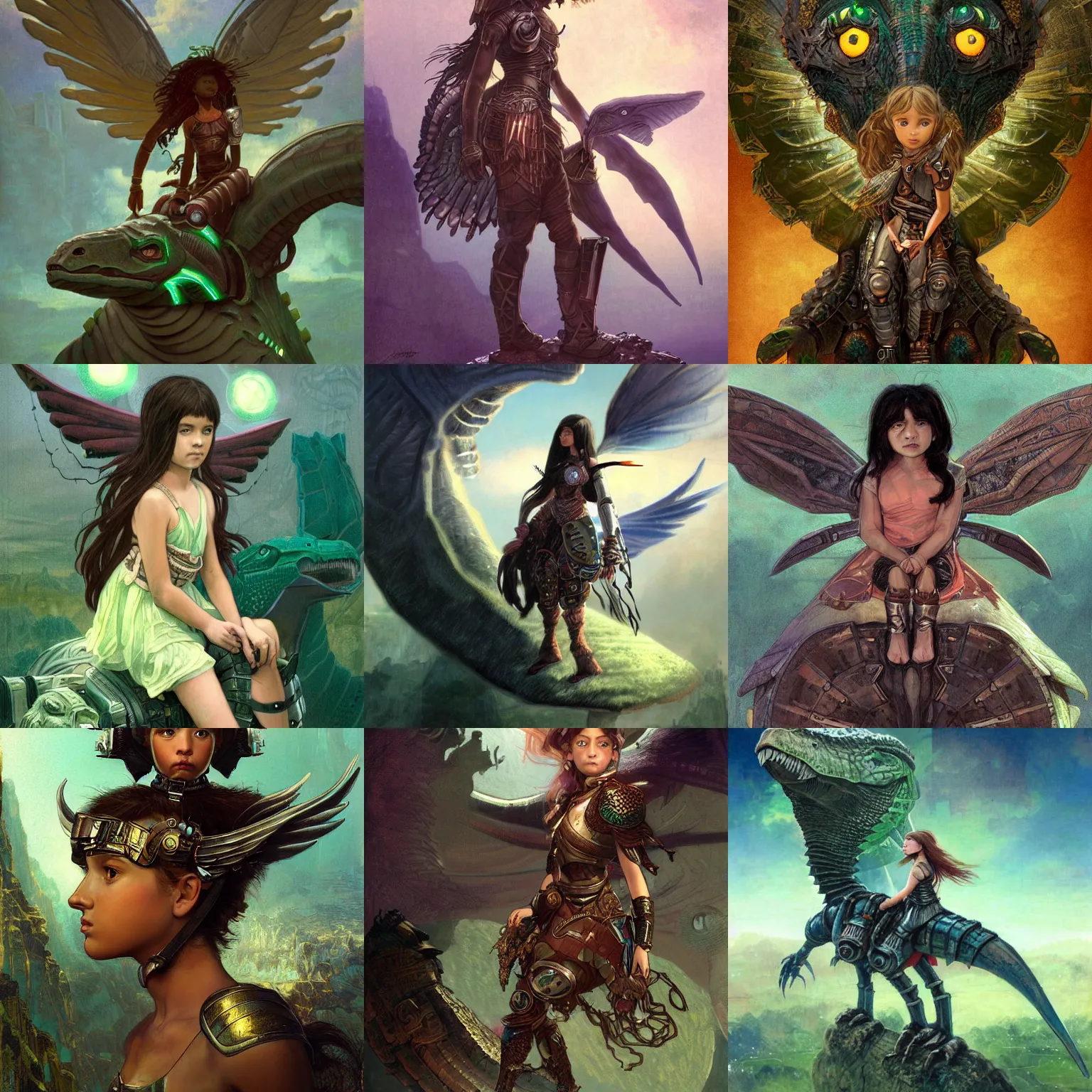 Image similar to portrait of a little cyborg warrior girl character sitting on top of a giant armored dinosaur bird with huge wings flying in space, epic character with dark skin and beautiful green eyes. the girl has a very beautiful detailed symmetrical face, long black hair. diffuse night light, dramatic landscape, fantasy illustration, matte painting by mucha