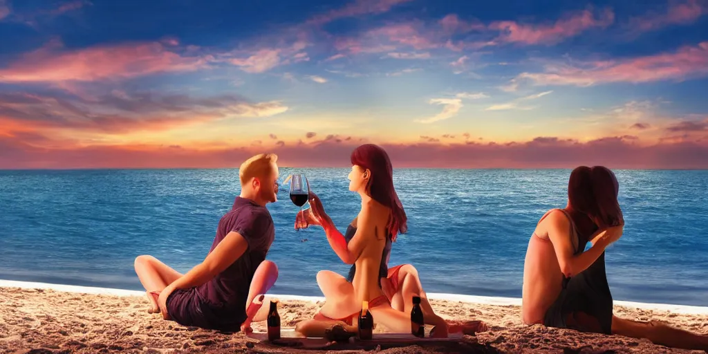 Image similar to one young man and one young woman drinking wine on a beach, beautiful colors, amazing landscape, digital art