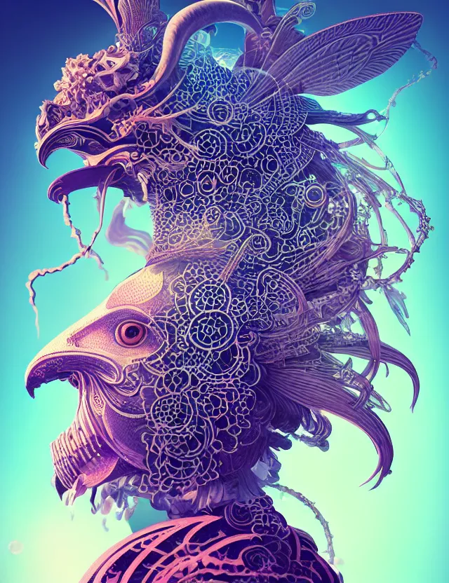 Image similar to 3 d goddess close - up profile solarpunk portrait ram skull. beautiful intricately detailed japanese crow kitsune mask and clasical japanese kimono. betta fish, jellyfish phoenix, bio luminescent, plasma, ice, water, wind, creature, artwork by tooth wu and wlop and beeple and greg rutkowski