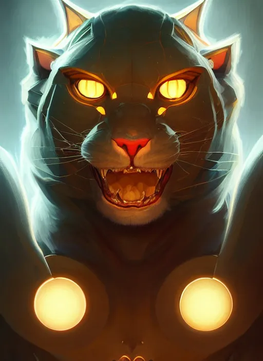 Image similar to symmetry!! portrait of rengar, league of legends, glowing lights!! intricate, elegant, highly detailed, digital painting, artstation, concept art, smooth, sharp focus, illustration, art by artgerm and greg rutkowski and alphonse mucha