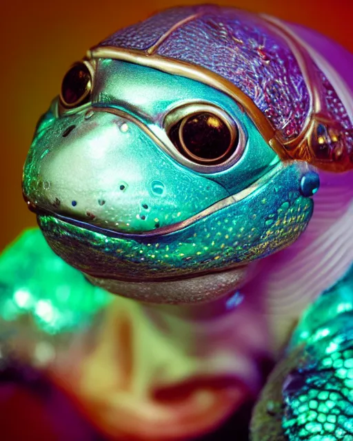 Image similar to natural light, soft focus portrait of a cyberpunk anthropomorphic turtle with soft synthetic pink skin, blue bioluminescent plastics, smooth shiny metal, elaborate ornate head piece, piercings, skin textures, by annie leibovitz, paul lehr