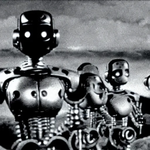 Image similar to scene from a 1940 science fiction film about robots