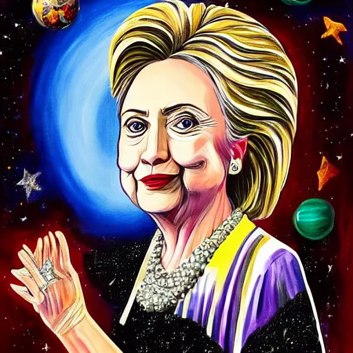 Image similar to dramatic painting of hillary clinton wearing diamonds and pearls, floating in outer space, painted by an unknown russian amateur