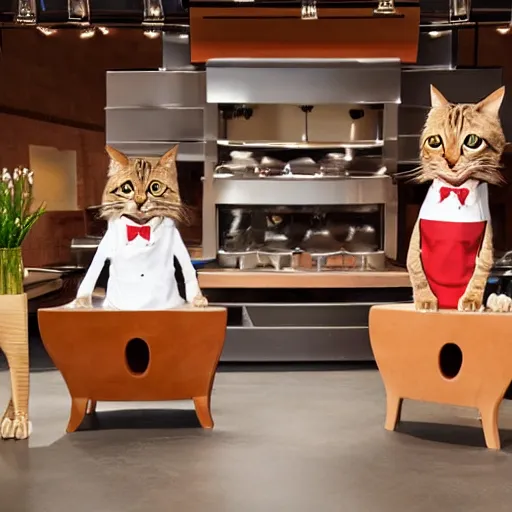 Image similar to anthropomorphic cats competing at masterchef, studio shot