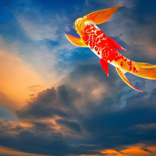 Image similar to photograph of a flying koi fish, majestic, clouds in the background, sharp focus, beautiful, enhanced colors, sunset colors, hd, cinematic lighting, 8k