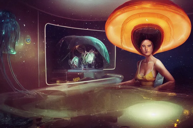 Prompt: high-angle view of a Ukrainian lush female jellyfish human hybrid wearing vacuum tube amp roman armor and transparent amber neck guard with transparent digital number readout floating in front of face, sitting inside of an submerged 1970s bungalow cabin with sunken floor and infinity mirror table, submersible vessel seamlessly rising through floor, soviet computer console on wall, ektachrome color photograph, volumetric lighting, off-camera flash, 24mm f8 aperture