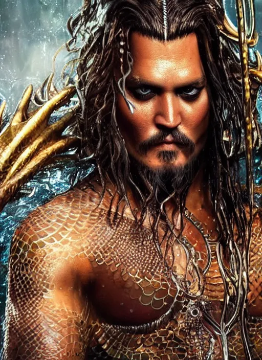 Image similar to johnny depp as aquaman, naturel, hyper detailed, digital art, trending in artstation, cinematic lighting, studio quality, smooth render, unreal engine 5 rendered, octane rendered, art style by klimt and nixeu and ian sprigger and wlop and krenz cushart