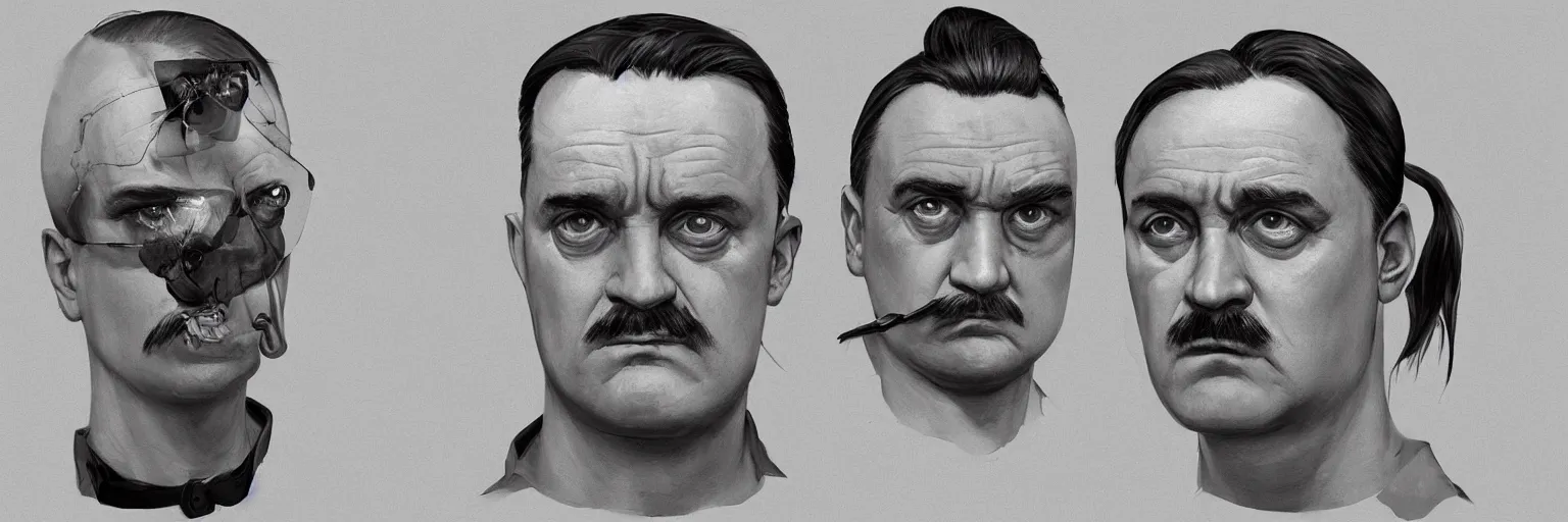 Prompt: character study of mike patton and hitler as a silent assassin, clear, male, glasses, character sheet, fine details, concept design, contrast, kim jung gi, greg rutkowski and francis bacon, trending on artstation, 8 k, full body and head, turnaround, front view, back view, ultra wide angle