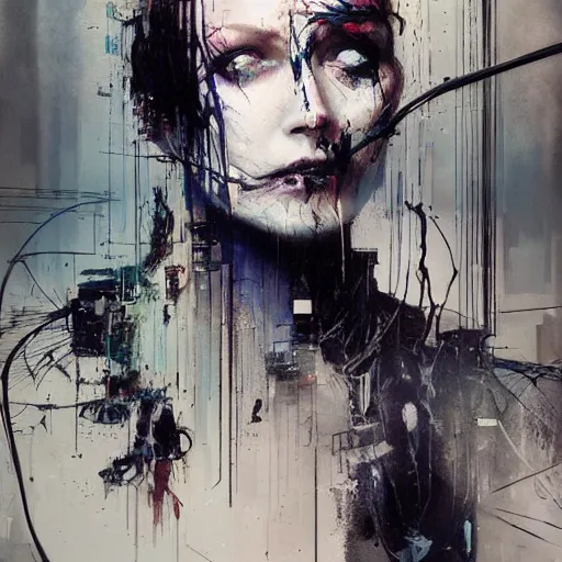 Image similar to a cyberpunk gothic noir detective, skulls, wires cybernetic implants, machine noir grimcore in cyberspace photoreal, atmospheric by jeremy mann francis bacon and agnes cecile, ink drips paint smears digital glitches