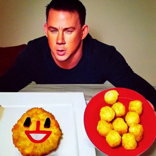 Prompt: channing tatum's face as tater tot on a plate with ketchup, face made from tater tot