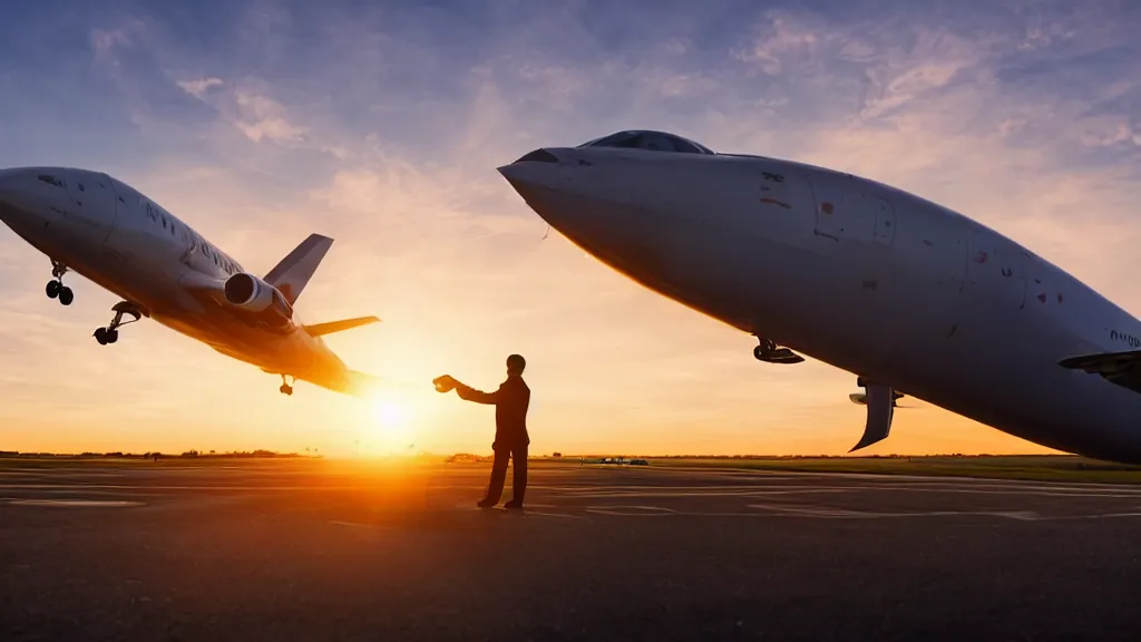 Prompt: movie still of a man crouched on top of a car which is chasing a passenger jet down the runway of an airport, sunset, golden hour, dramatic