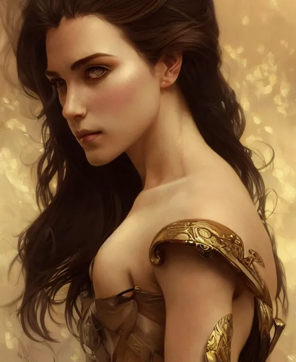 Image similar to portrait close up of woman, concentrated look, symmetry, d & d, fantasy, intricate, elegant, highly detailed, digital painting, artstation, concept art, art by artgerm and greg rutkowski and alphonse mucha, boris vallejo