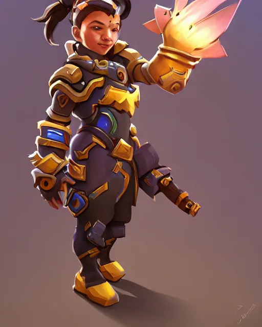 Prompt: a tiny warrior kid with a massive gauntlet, smooth, intricate, elegant, digital painting, artstation, concept art, sharp focus, illustration, art by blizzard studios, overwatch character,