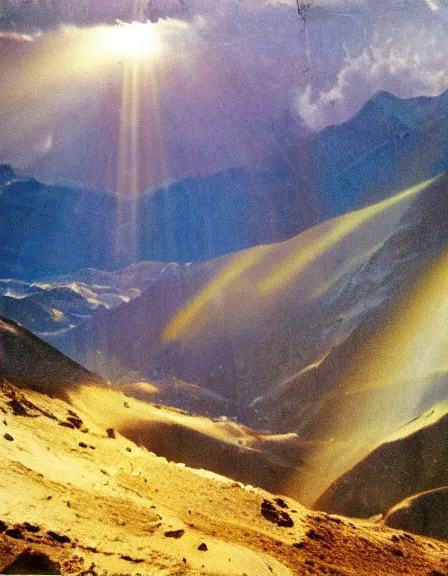 Prompt: vintage color photo of light rays shinning through Cordillera De Los Andes, 8k definition