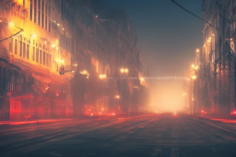 Prompt: bucharest city at night, street, buildings, wide angle, fog, neon lights, atmospheric, concept art, artstation