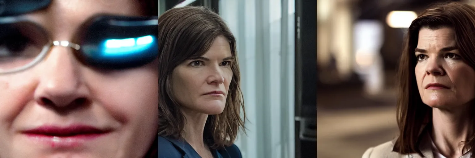 Prompt: close-up of Betsy Brandt as a detective in a movie directed by Christopher Nolan, movie still frame, promotional image, imax 70 mm footage