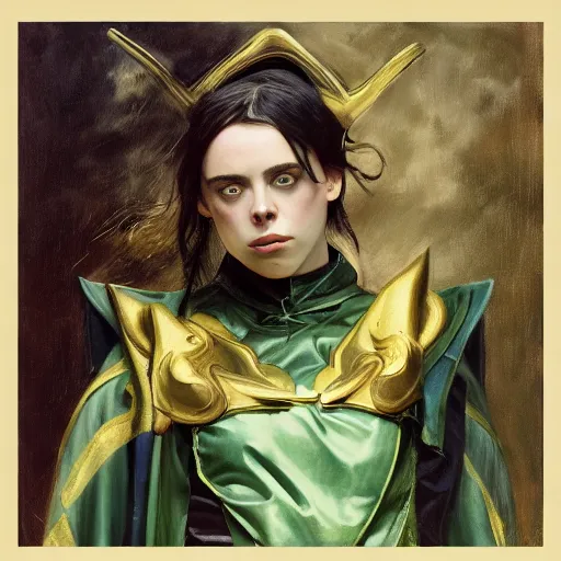 Image similar to Billie Eilish as Loki, Goddess of Mischief, oil on canvas, noir, trending on artstation, by J. C. Leyendecker and Edmund Blair Leighton and Charlie