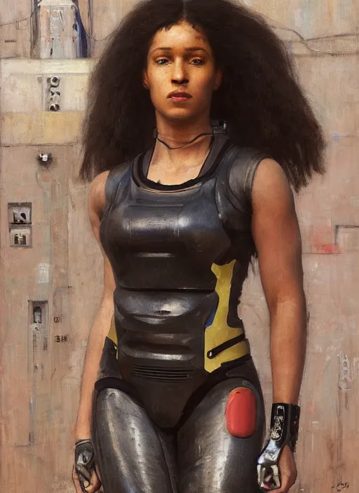 Image similar to Maria Igwe. Beautiful Feminist Cyberpunk mechanic with robotic legs. (Cyberpunk 2077, bladerunner 2049). Iranian orientalist portrait by john william waterhouse and Edwin Longsden Long and Theodore Ralli and Nasreddine Dinet, oil on canvas. Cinematic, vivid colors, hyper realism, realistic proportions, dramatic lighting, high detail 4k