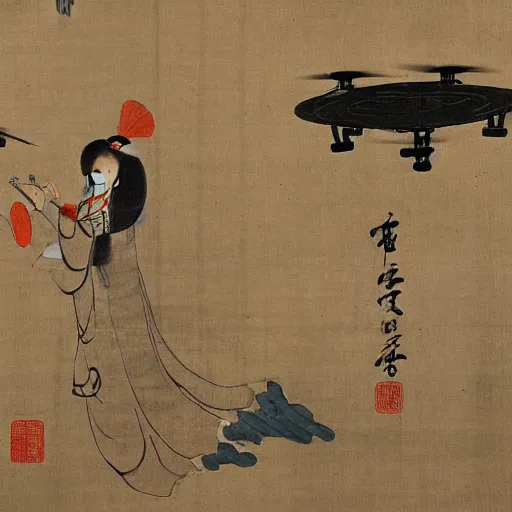 Image similar to the Chinese ancient painting of a lady flying a drone in Tang Dynasty , by Han Xizai