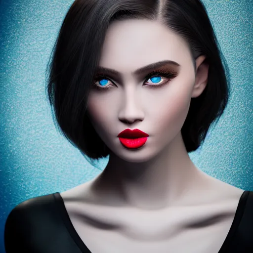 Prompt: complex 3 d render, ultra detailed, realistic headshot portrait of a beautiful porcelain skin woman, oval face, black long hair, wearing black dress, detailed blue almond eyes shape, round catchlights, red lipstick, plump lips, beautiful, studio portrait, proportional, the grand sala thai