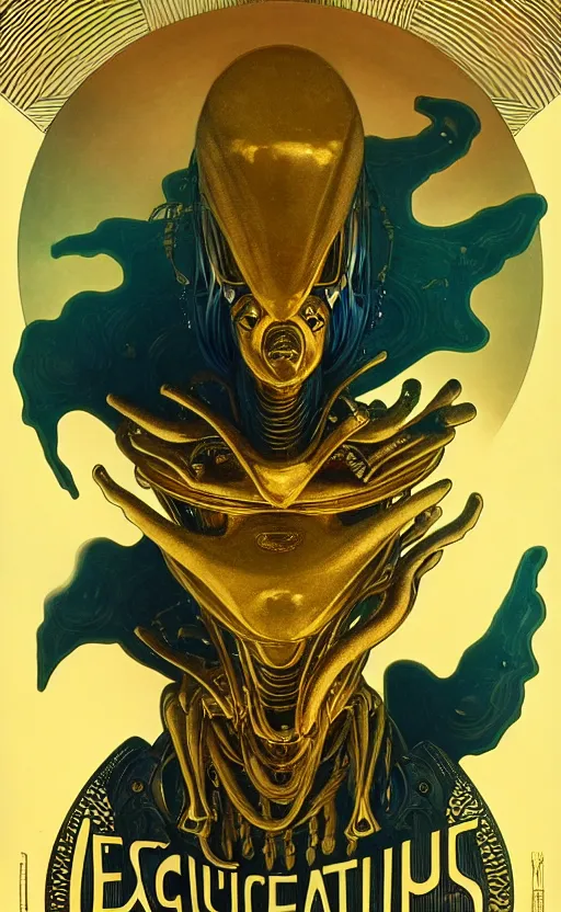 Image similar to exquisite imaginative alien creature poster art, text saying being from beyond, gold, movie art, looming, by lucusfilm, weta studio, alphonso mucha, james jean, frank frazetta, 8 k, denoised, sharp, crisp, high quality, cinematic