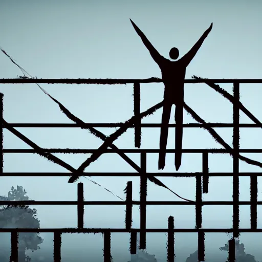 Prompt: a high wire fence looming over a man, low poly, dystopian art, 2 d game art