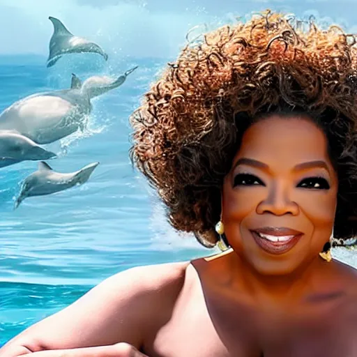 Image similar to Oprah Winfrey in the ocean swimming with dolphins, 8k UHD, hyper realistic, nature photography