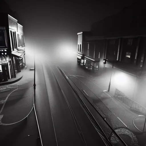 Image similar to A stunningly beautiful award-winning 8K high angle from 2nd floor cinematic movie photograph looking down diagonally across a spooky dark very foggy empty lightless moonlit main street intersection in an abandoned 1950s small town at night. perfect composition, moody low key backlit. Color palette from Seven, greens yellows and reds. 2 point perspective. Octane render