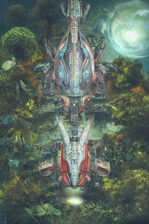 Prompt: aerial view of a multi level spaceship botanical garden in space, by artgerm, tom bagshaw, gerald brom, vaporwave colors, lo - fi colors, vaporwave, lo - fi, moody vibe, goth vibe, full body, rendered by substance designer, cel shading, toon shading, smooth,