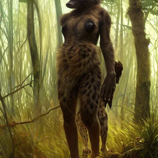 Image similar to photo of a humanoid hyena were a dress in the forest, highly detailed, digital painting, artstation, smooth, sharp focus, illustration, art by artgerm and greg rutkowski and alphonse mucha