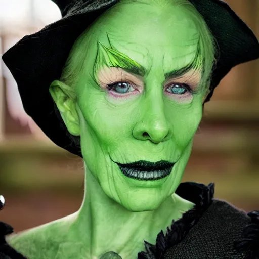 Image similar to the wicked witch of the game of thrones, green skin, witch hat, dragons