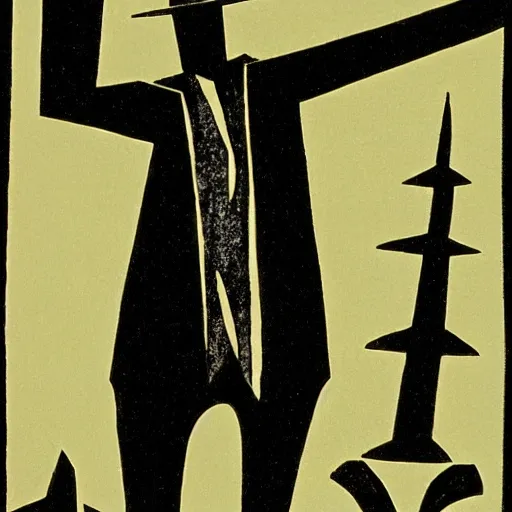 Image similar to cabinet of dr caligari, linocut print,