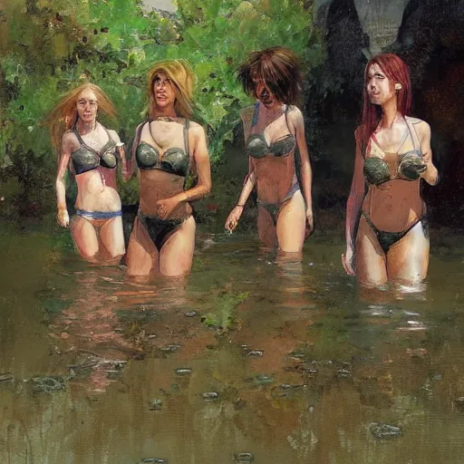 Image similar to women coming out of pond, by jon foster