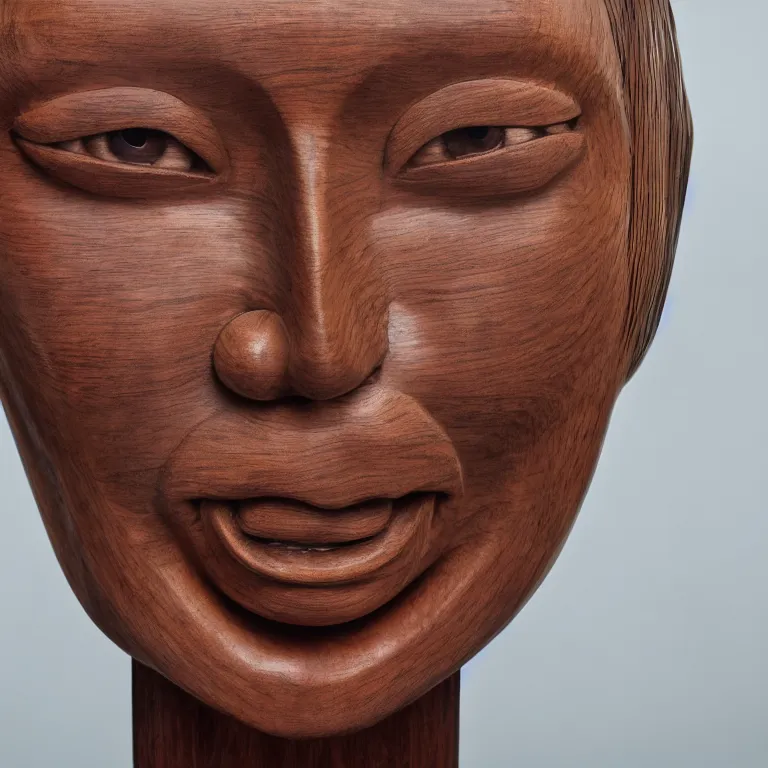 Image similar to public sculpture minimalist portrait of a powerful asian woman wearing pigtails, beautiful symmetrical face accurate face detailed face realistic proportions, carved out of mahogany wood on a pedestal by stephan balkenhol and martin puryear, hyperrealistic dramatic lighting shocking detail trending on artstation 8 k