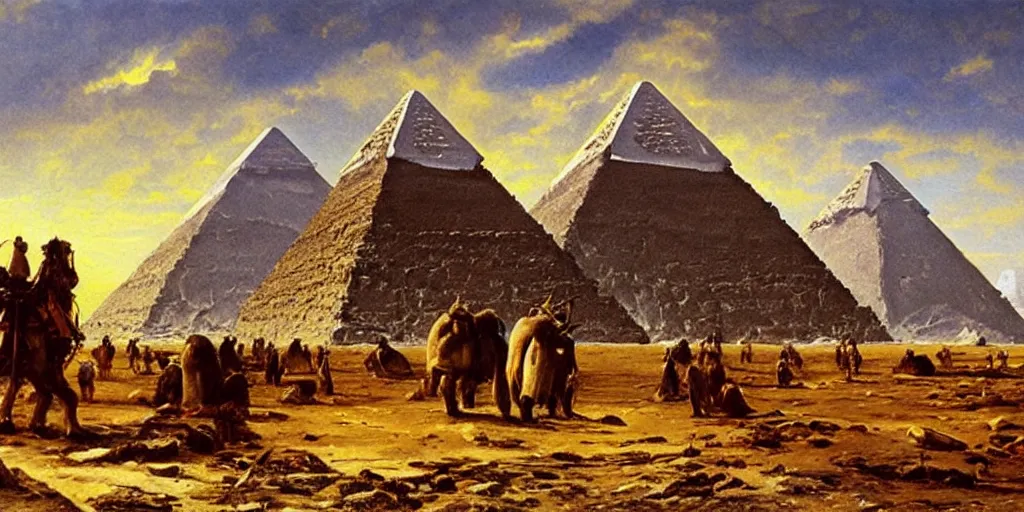 Image similar to Antarctica, pyramids, oil painting, highly detailed, artwork, in style of Albert bierstadt